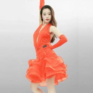 Women's White Halter Neck Ruffled Latin Dance Dress with Gloves, Women's Orange Halter Neck Ruffled Latin Dance Dress with Gloves, Women's Black Halter Neck Ruffled Latin Dance Dress with Gloves
