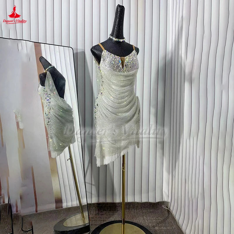 Women's Latin Ballroom Competition Dress With AB Rhinestones Sleeveless Mesh White