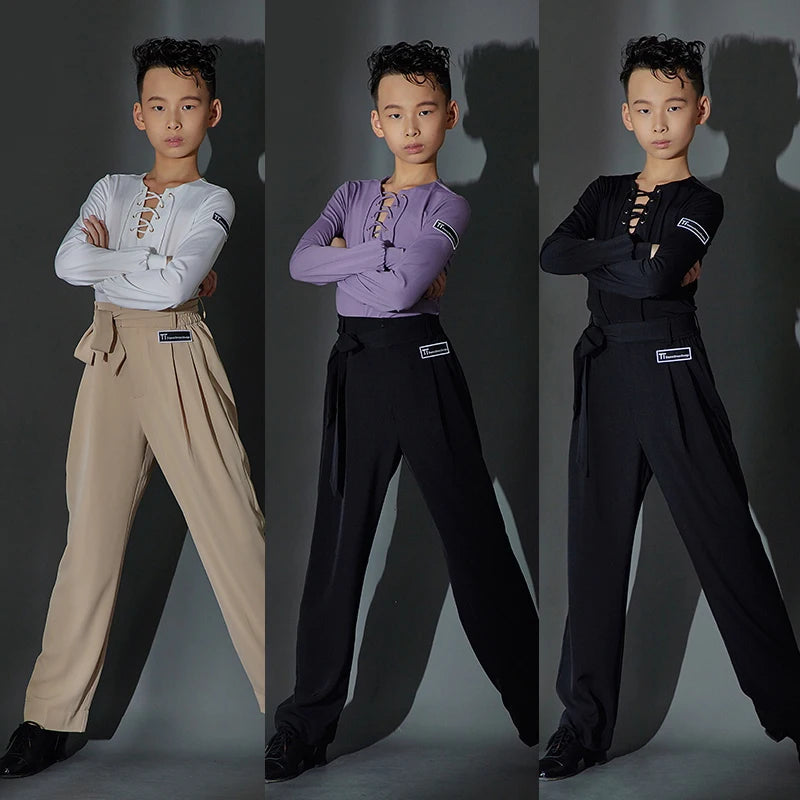 Boys Ballroom Dance Shirt with Lace-Up Neckline and High-Waisted Trousers, White, Lavender, Black Long Sleeve Latin Dance Top and Pants Set