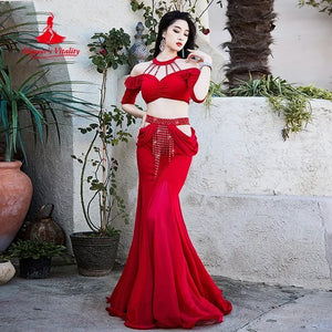 Belly Dance Costume Women's Red Off-Shoulder Crop Top & Mermaid Skirt Set with Rhinestone Belt
