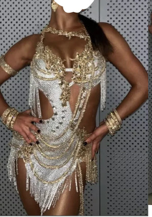 Women's Gold & White Fringe Sequin Latin Dance Dress with Cutouts
