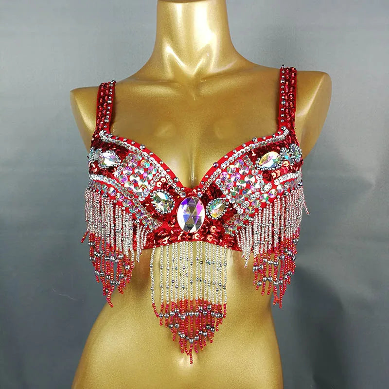 Women's Black Sequin Beaded Fringe Belly Dance Bra Top