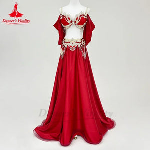 Belly Dance Costume Women White Embellished Chiffon & Satin Skirt Set with Bra and Armbands