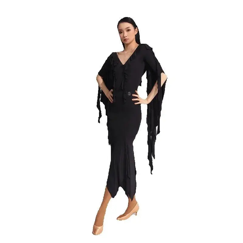 Women's Black Ruffled V-Neck Long Sleeve Mermaid Ballroom Latin Dance Dress