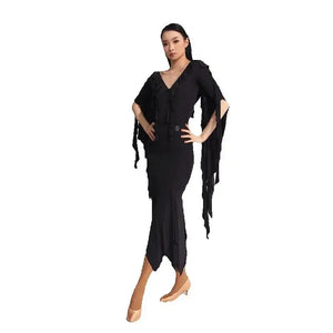 Women's Black Ruffled V-Neck Long Sleeve Mermaid Ballroom Latin Dance Dress