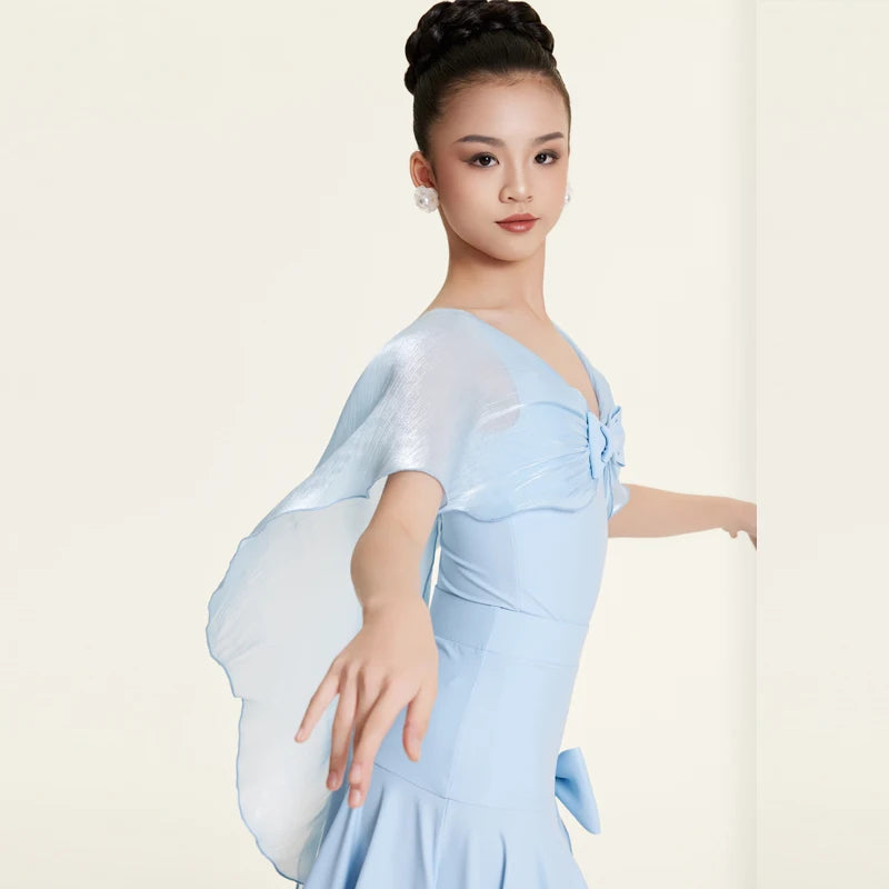 Girls' Light Blue Ballroom Latin Dance Dress with Chiffon Cape Sleeves and Bow Detail