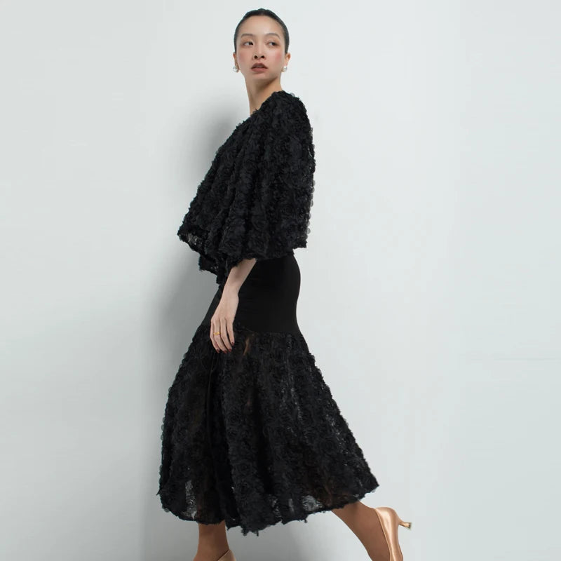 Women's Black Ruffled V-Neck Top and Ruched Ruffle Hem Skirt Latin Dance Dress