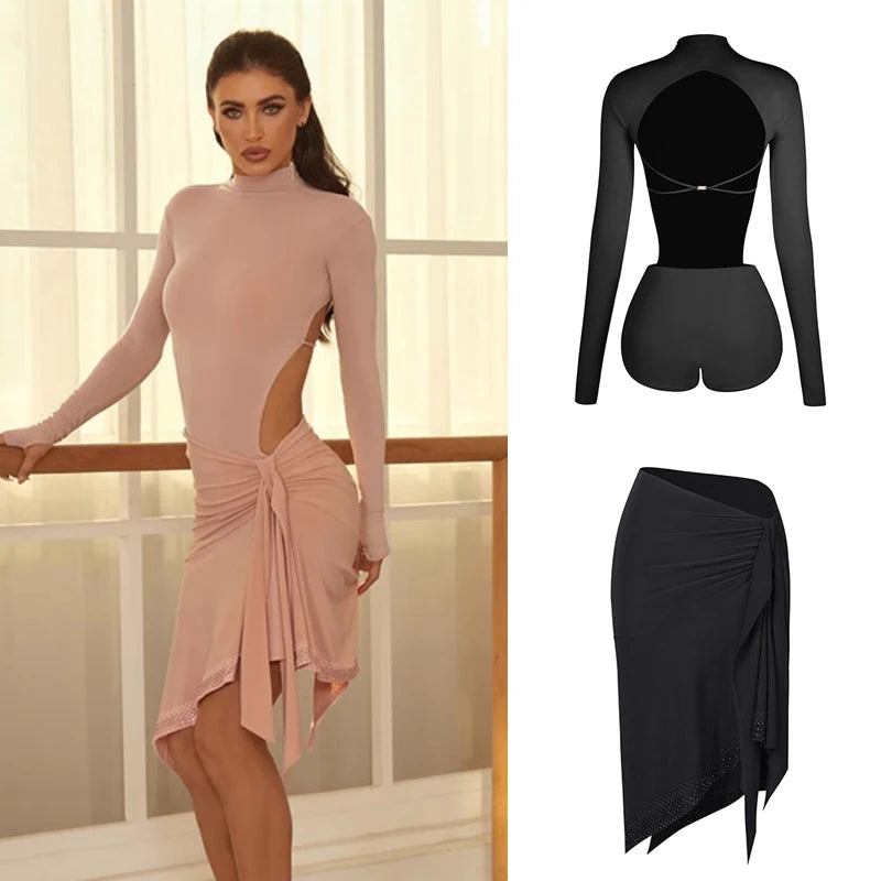 Women's Pink Long Sleeve Mock Neck Cut-Out Bodysuit with Black Asymmetrical Wrap Skirt for Latin Dance