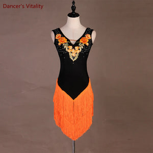 Women's Black & Neon Green Fringe Latin Dance Dress with Appliques & Rhinestones