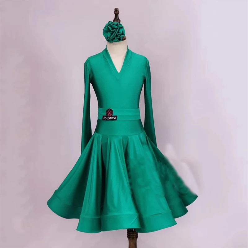 Girls Ballroom Dance Dress Red, Pink, Green, Yellow, Lime Green, Purple Long Sleeve V-Neck Competition Costume