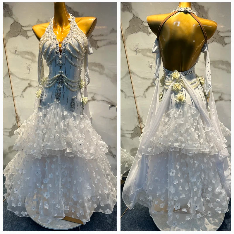 Ballroom Dance Dress Women's White Embellished Halter Neck Open Back Ruffled Floral Skirt Standard Smooth Gown