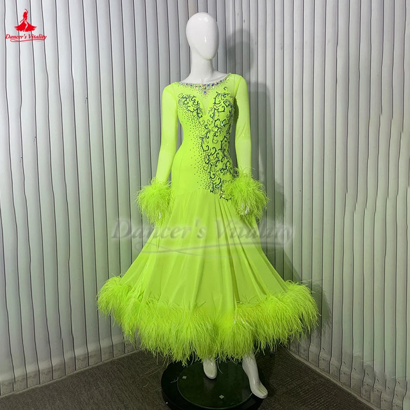 Ballroom Dance Dress Women's Neon Green Feathered Embellished Long Sleeve Standard Smooth Dress