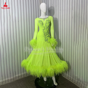 Ballroom Dance Dress Women's Neon Green Feathered Embellished Long Sleeve Standard Smooth Dress