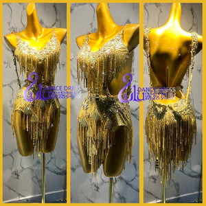 Women's Gold Sequin Fringe Backless Latin Dance Dress