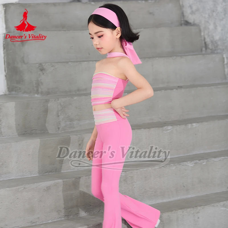 Girls Pink Striped Strapless Fringe Latin Dance Dress