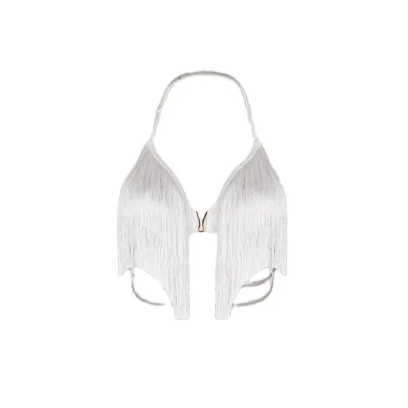 Women's White Fringe Halter Top and Floral Lace Slit Skirt Latin Dancewear