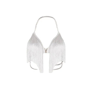 Women's White Fringe Halter Top and Floral Lace Slit Skirt Latin Dancewear