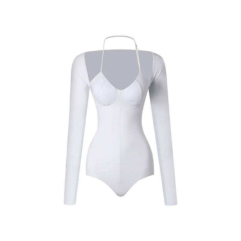 Women's Red and Black Backless Long Sleeve Leotard with Halter Neck and Shrug, Ballet/Lyrical Dance