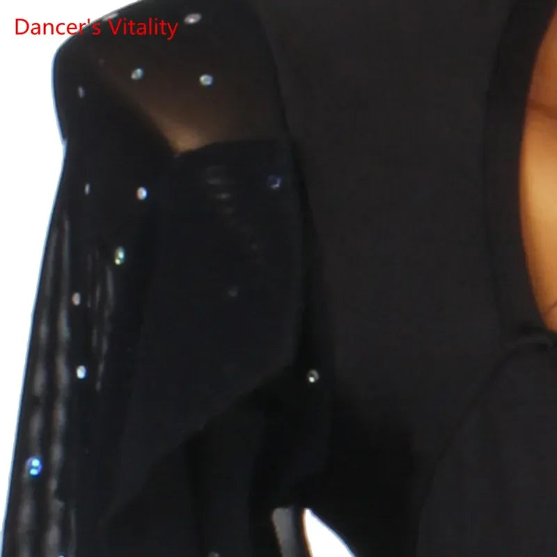 Women's Black Ballroom Dance Dress with Sweetheart Neckline, Ruffled Sleeves, and Satin Waistband