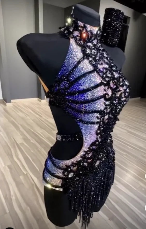 Women's Black and Blue Ombre Sequin Fringe Latin Dance Dress