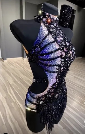 Women's Black and Blue Ombre Sequin Fringe Latin Dance Dress