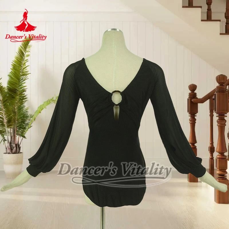 Women's Black Mesh Long Sleeve Leotard with Back Keyhole Ring Detail for Ballroom Dance