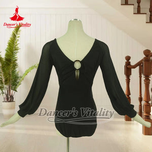 Women's Black Mesh Long Sleeve Leotard with Back Keyhole Ring Detail for Ballroom Dance