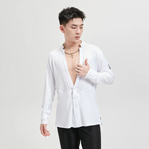Men's White & Black Pleated V-Neck Long Sleeve Button-Down Dance Shirt