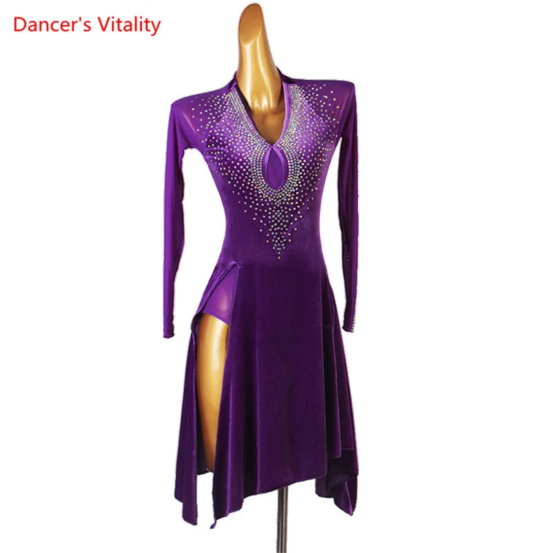 Latin Dance Dress Women Black Rhinestone Mesh Long Sleeve Keyhole Velvet Slit Skirt
