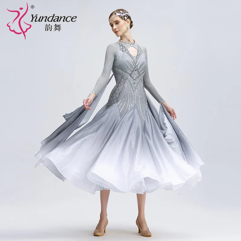 Women's International Standard Ballroom Dance Dress In Ombre Silk With Pearl Embellishments For Competition