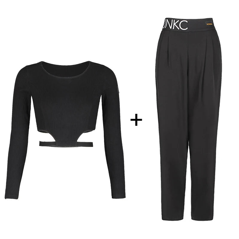 Women's Black Cut-Out Long Sleeve Crop Top and Pleated Wide Leg Dance Pants Set, Pinko Branded