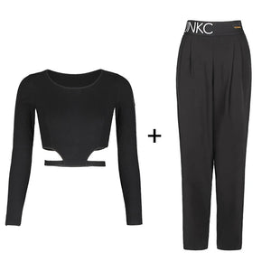 Women's Black Cut-Out Long Sleeve Crop Top and Pleated Wide Leg Dance Pants Set, Pinko Branded