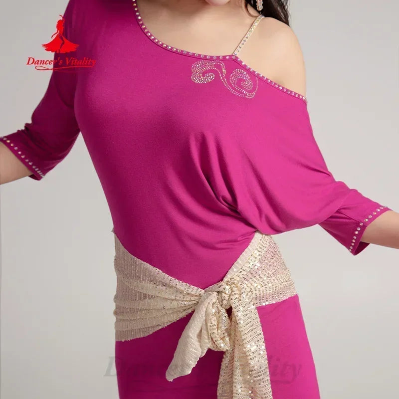 Belly Dance Dress Women's Black Gold Sequin Slit Long Sleeve Maxi Dress with Hip Scarf