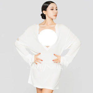 Women's White Long Sleeve Oversized Dance Tunic with Lace Belt & Fishnet Tights, Ballroom