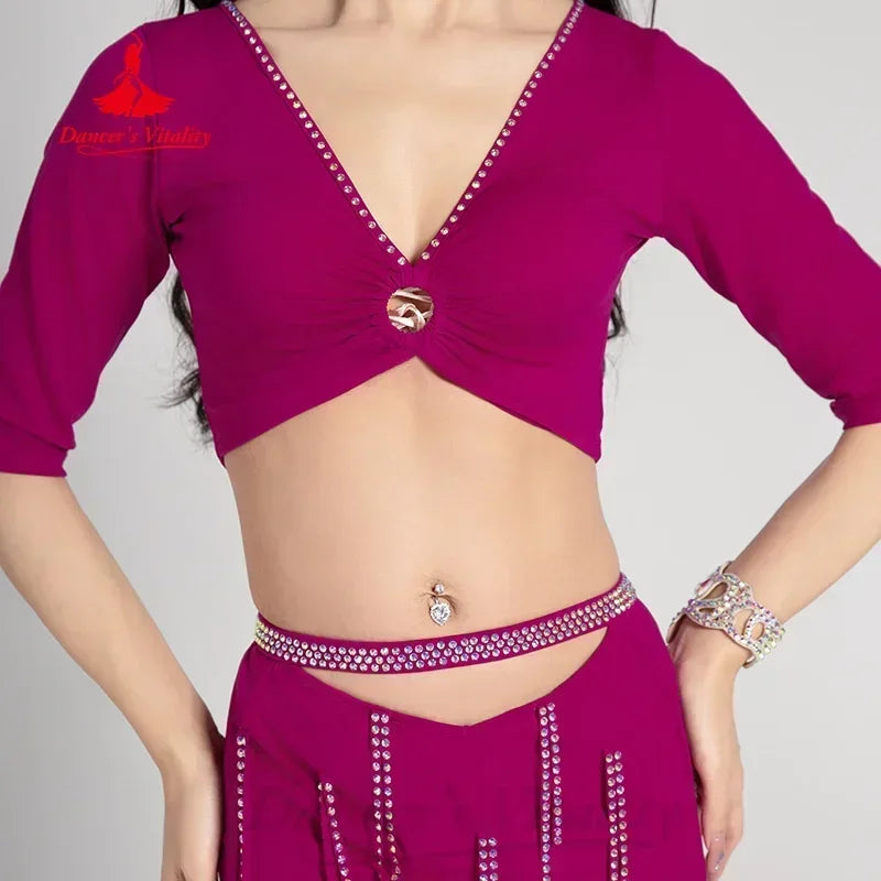 Belly Dance Costume Women Light Green V-Neck Crop Top with Half Sleeves and High-Slit Maxi Skirt with Rhinestone Fringe