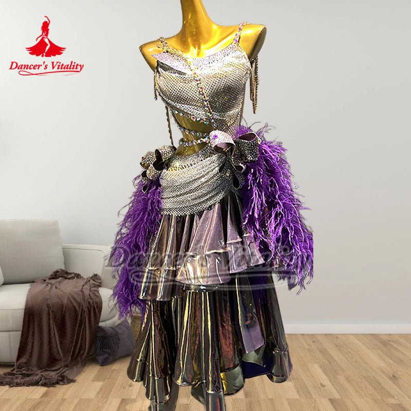 Women's Purple and Silver Sequin Feather Tiered Latin Rhythm Dance Dress