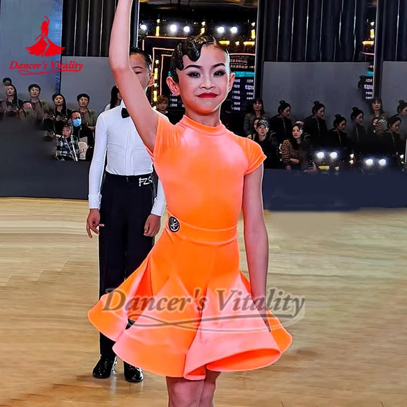 Girls' Orange Short Sleeve Mock Neck Latin Dance Dress with Pleated Skirt