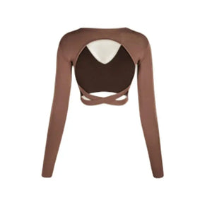 Women's Pink, Brown, Black V-Neck Long Sleeve Crop Top & Fringe Latin Dance Skirt Set