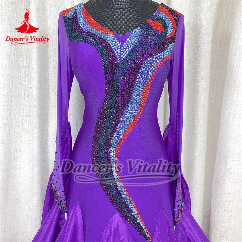 Women's Purple Ballroom Dance Dress with Long Sleeves and Embellished Bodice