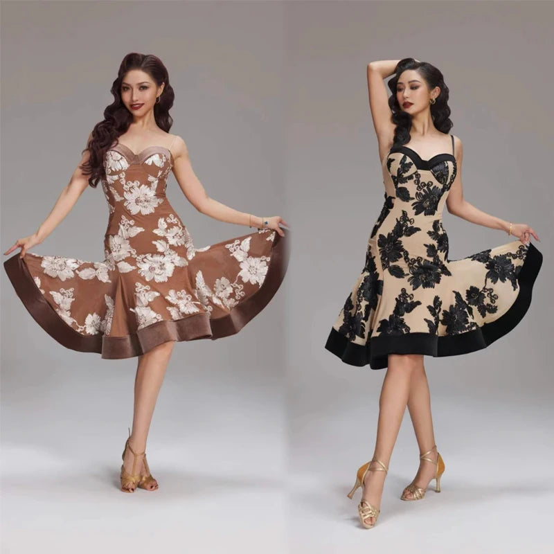 Women's Beige Black Floral Lace Latin Dance Dress - Spaghetti Strap, Asymmetrical Hem