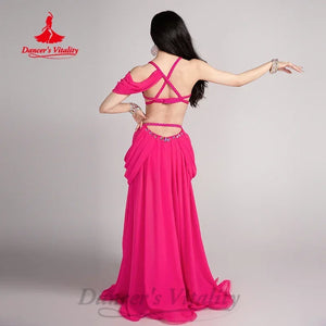 Belly Dance Costume, Women's Hot Pink Chiffon Beaded Halter Top & Skirt Set, Flowy Performance Apparel