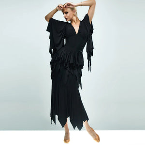 Women's Black V-Neck Long Sleeve Ruffle Latin Dance Dress