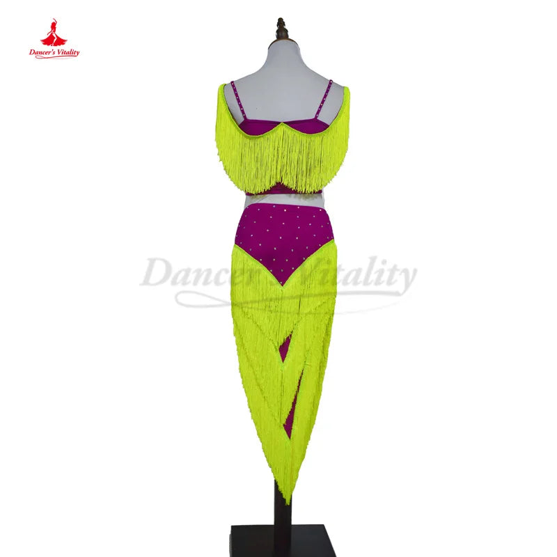 Latin Dance Dress Women's Neon Yellow & Magenta Fringe Performance Set - Rumba Samba Cha Cha