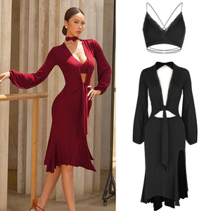 Women's Burgundy & Black Tie-Front Long Sleeve Cutout Latin Dance Dress with Lace Bralette