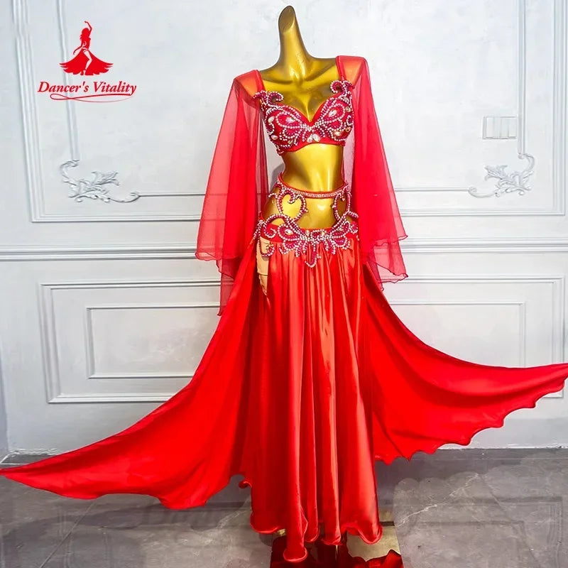 Women's Belly Dance Costume With AB Rhinestones Satin Two-Piece Set For Adult Professional Performance