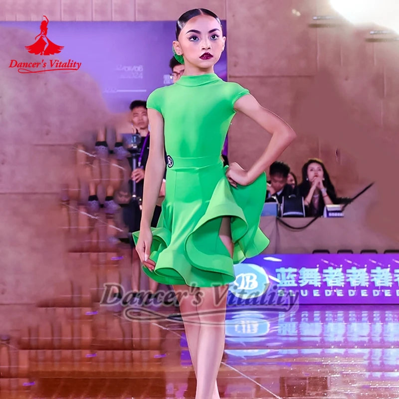 Girls Green Short Sleeve Ruffled Latin Dance Dress