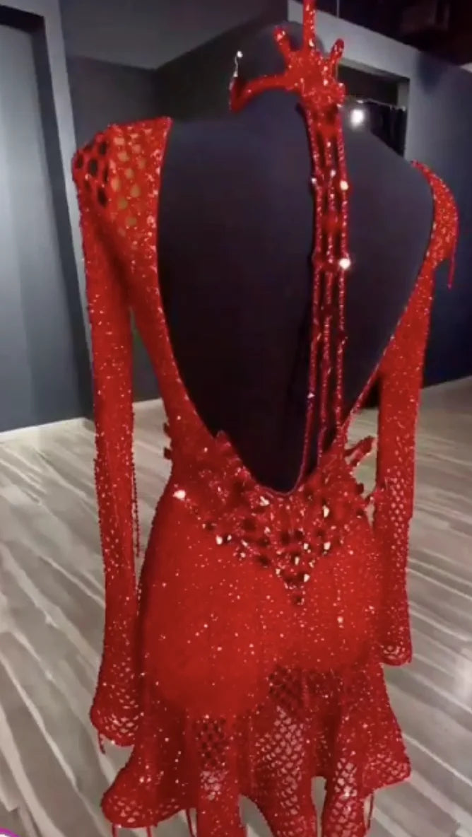 Women's Red Sequin Mesh Drip Hem Latin Ballroom Dance Dress