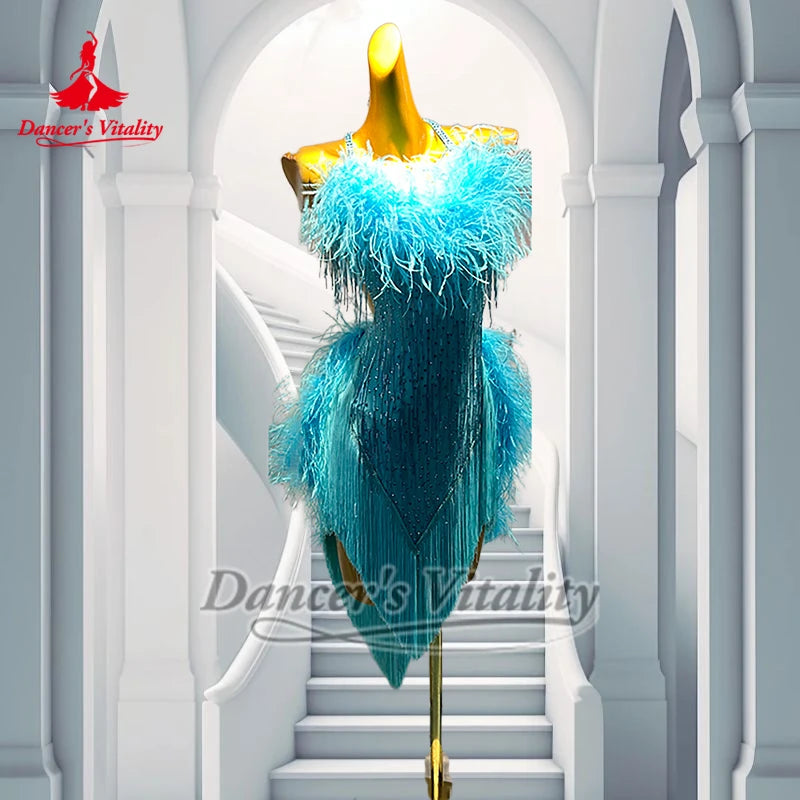 Women's Azure Ostrich Feather & Fringe Latin Dance Dress