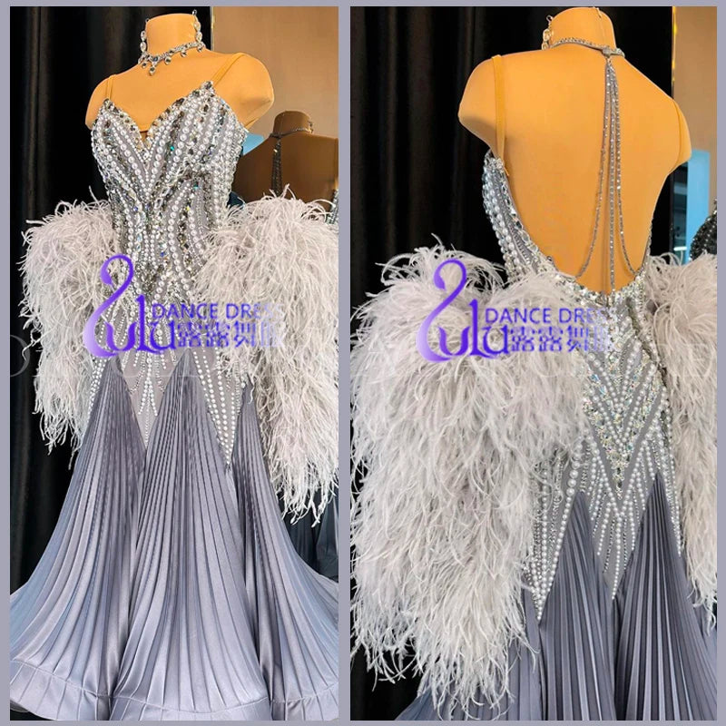 Women's Silver & Grey Beaded Feather Pleated Ballroom Dance Dress