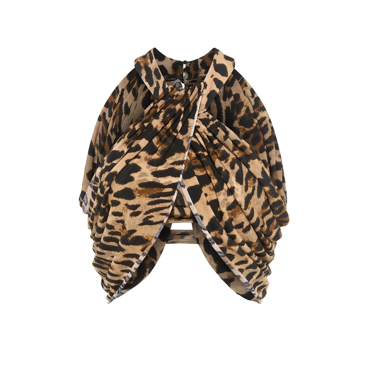 Ballroom Dance Dress Women's Leopard Print Black Halter Neck Draped Top with Matching Arm Sleeves and Beaded Skirt with Tulle Fringe